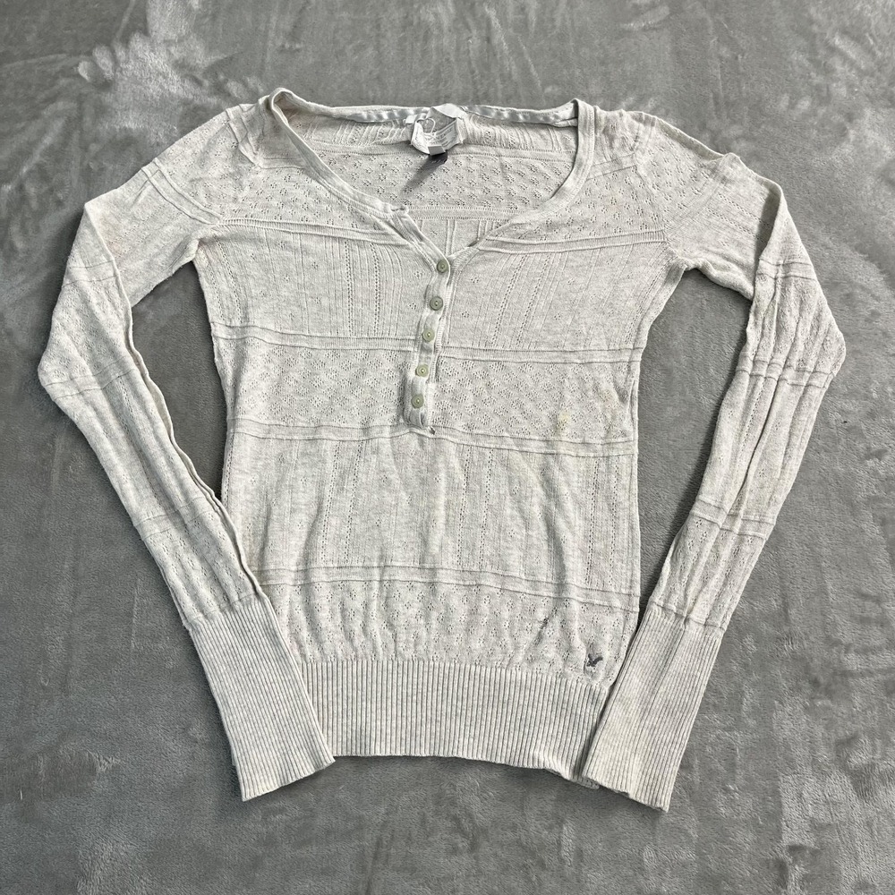 American Eagle Outfitters Sweater Womens M Gray Henley Open Knit V Neck Y2K